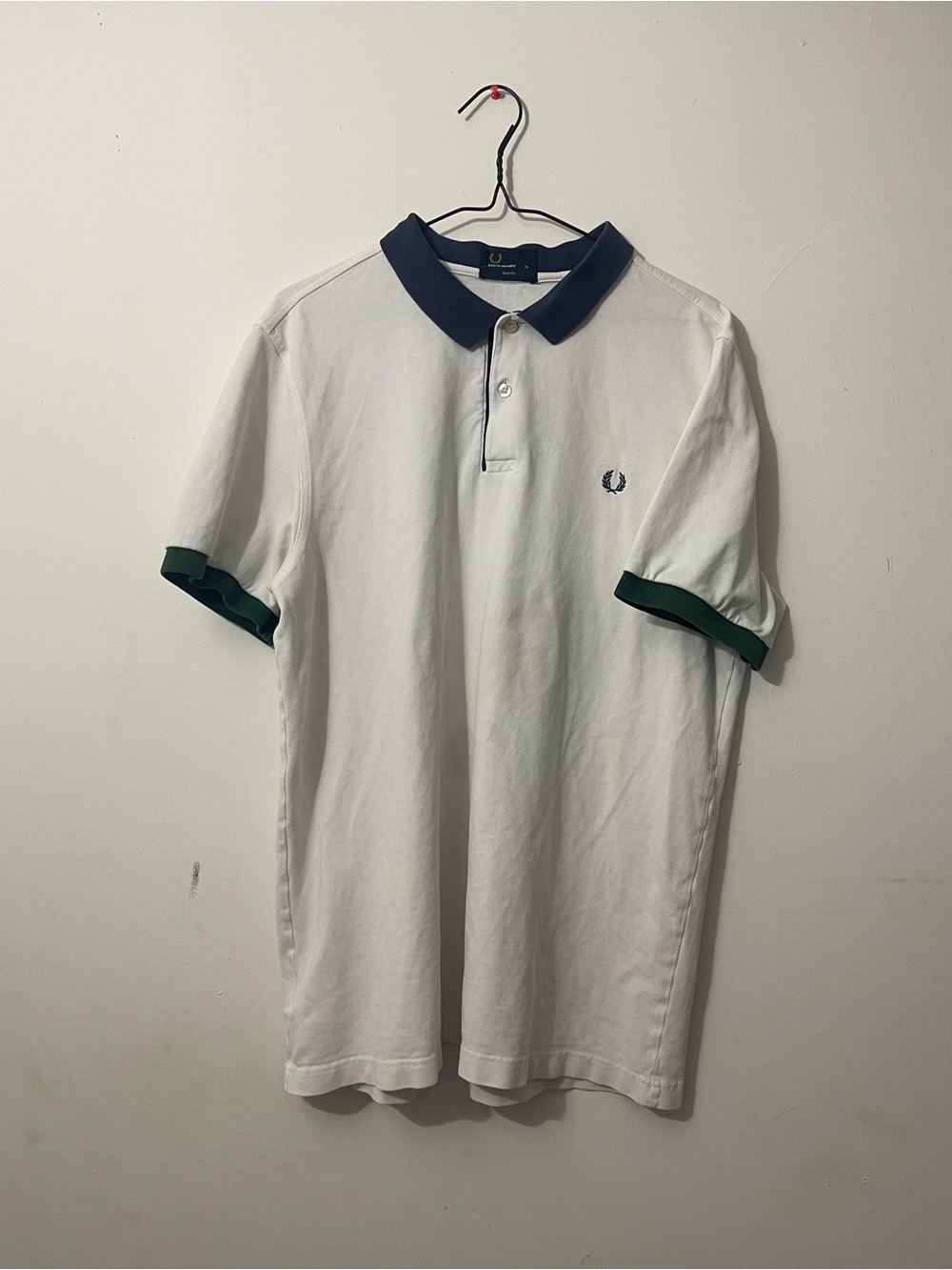 Fred Perry White Polo with Navy Collar and Green Sleeve Trim